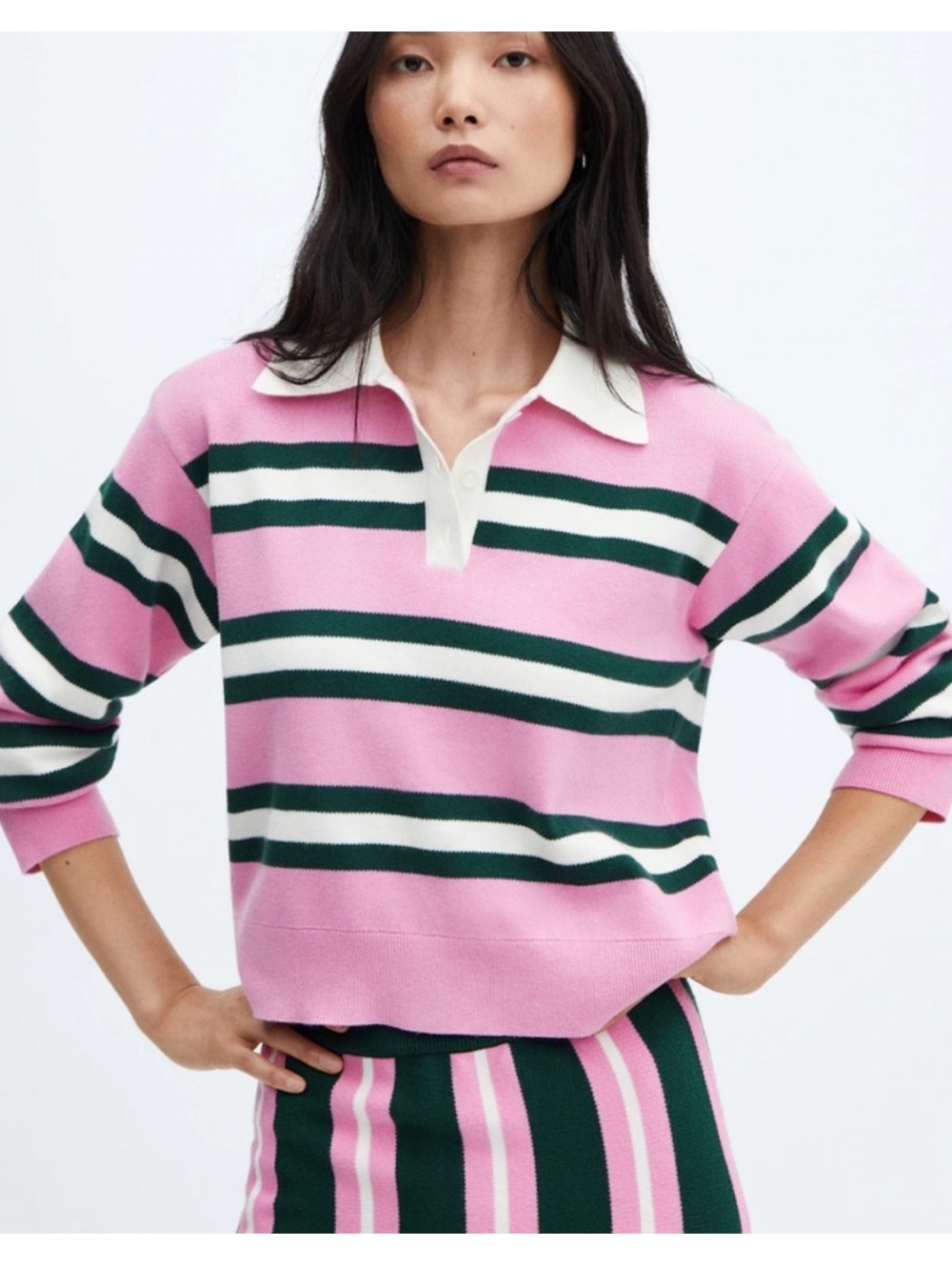 Mango Pink Green Striped Polo Collar Knit Sweater Top Small - Tennis Preppy - Picture 6 of 16